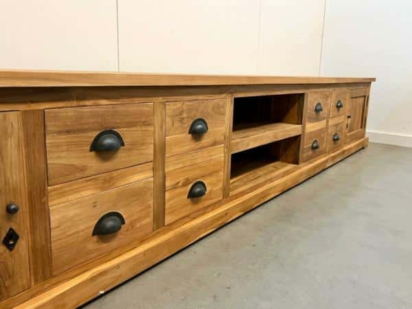 Landelijk tv-meubel massief teakhout 280 cm - Afbeelding 5