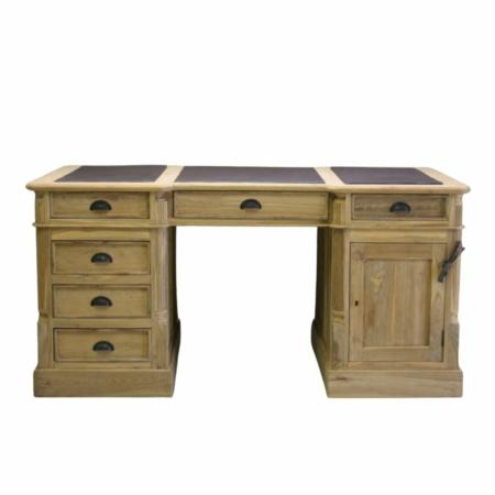 bureau met ledere inleg en 6 laden en een deur teakhout