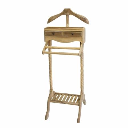 dressboy gemaakt van teakhout met 2 laden en een kleerhanger