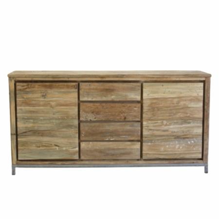 Robuust dressoir met een metalen frame, het dressoir heeft 2 deuren en 4 laden van teakhout