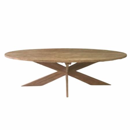 ovale teakhouten tafel met een houten kruispoot