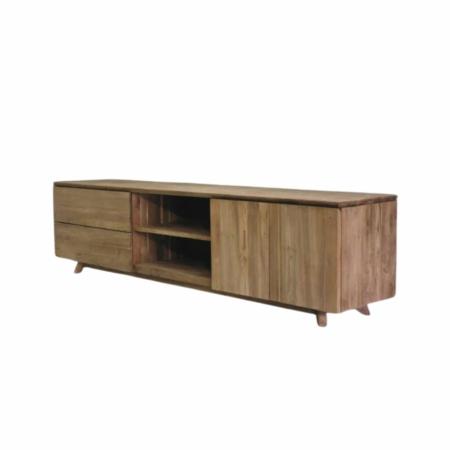 tv-meubel retro met 2 laden en 2 deuren en 2 open vakken gemaakt van teakhout