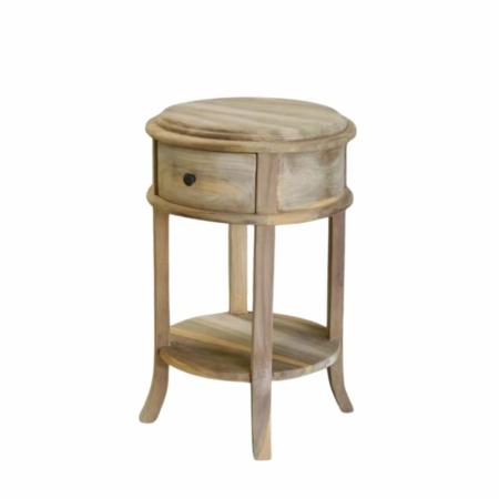 ronde bijzet tafel van teakhout met een la
