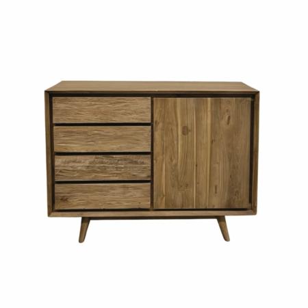 dressoir met 4 laden en 1 deur gemaakt van teakhout. de laden zijn ruw afgewerkt