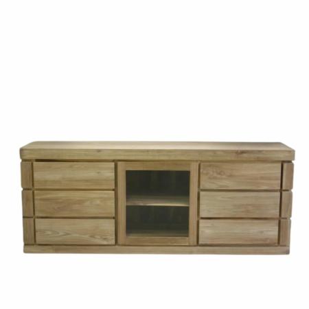 tv dressoir met glazen deur en 6 laden teakhout