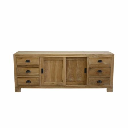 tv meubel met schuifdeuren en 6 laden gemaakt van teakhout