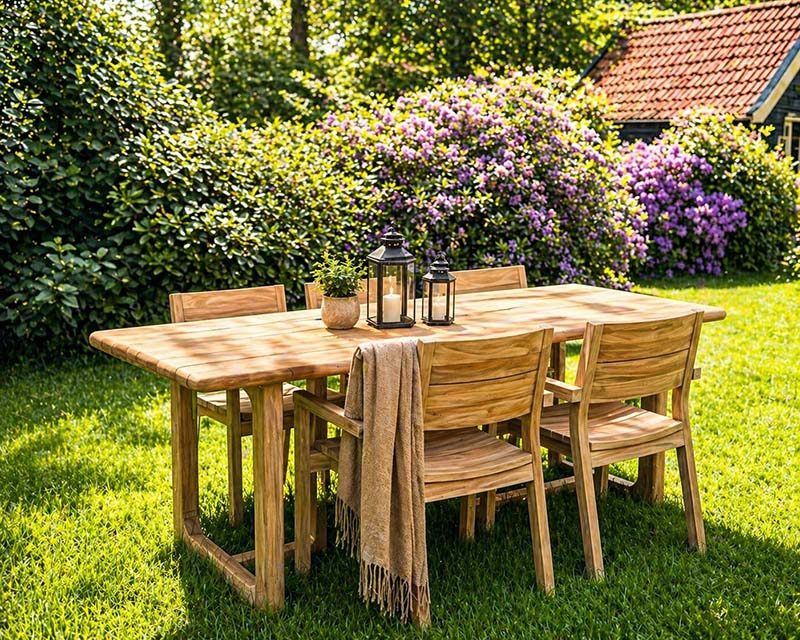 tuinmeubels-hout-teak Rechthoekige teakhouten tuintafel met vier stoelen in een groene tuin met bloeiende rododendron op de achtergrond