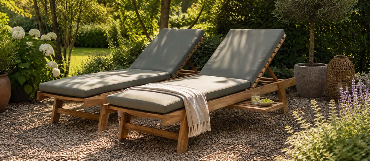lounge-stoelen-tuin-bestellen-indoteak Hoge kwaliteit loungestoelen van teakhout in tuin.
