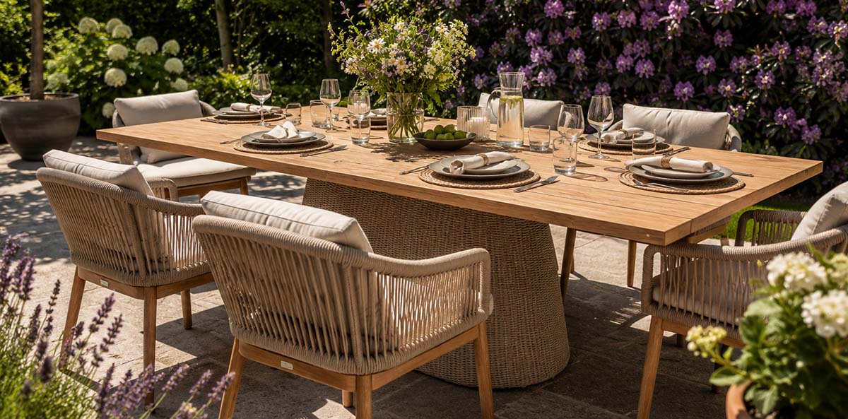 tuinmeubilair-kiezen-verschillen Sfeervolle en moderne eettafel voor in de tuin.